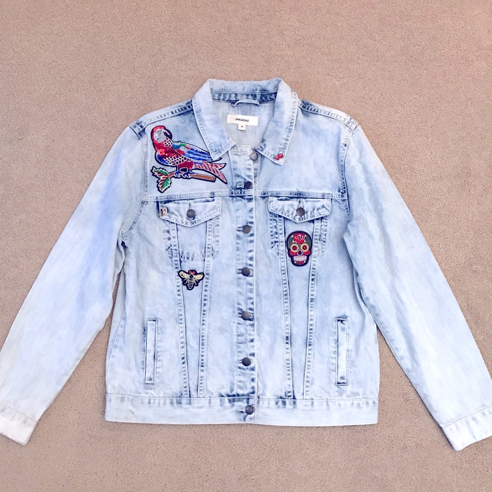 Denim Jacket Size M White Wash Blue Patches Cotton Jean Jacket Jak Rae